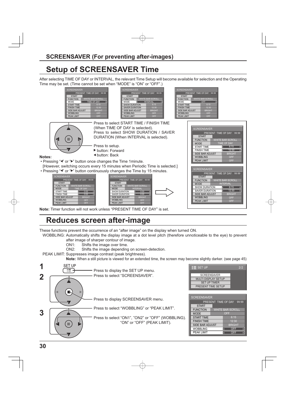Setup of screensaver time, Reduces screen after-image, Screensaver (for preventing after-images) | Press to display the set up menu | Panasonic TH-37PH9UK User Manual | Page 30 / 100