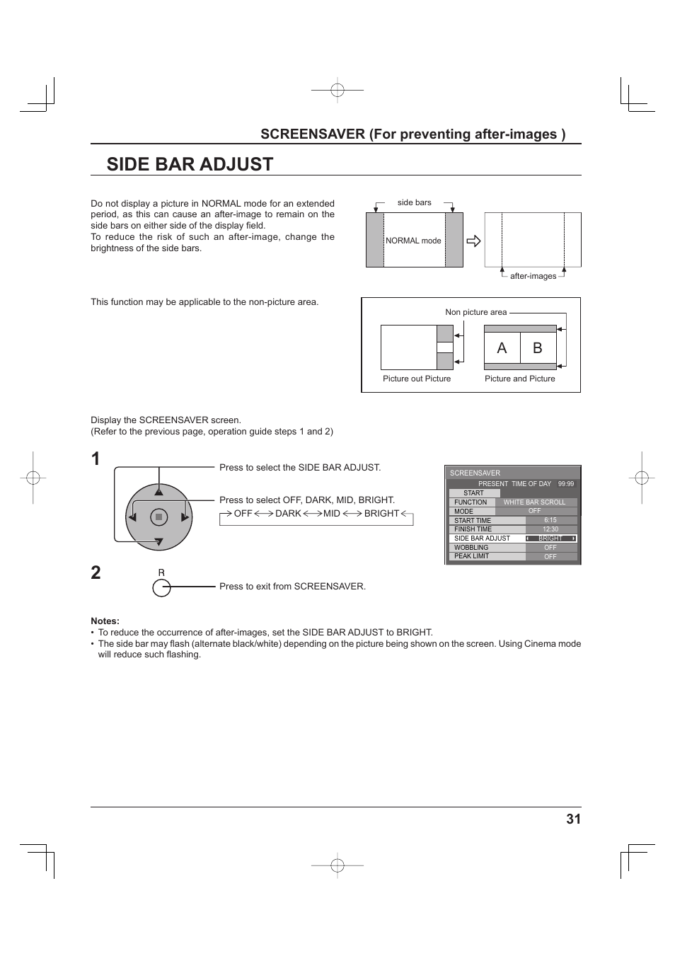 Side bar adjust, Side bar adjust 1, Screensaver (for preventing after-images ) | Panasonic TH-37PH9UK User Manual | Page 31 / 100