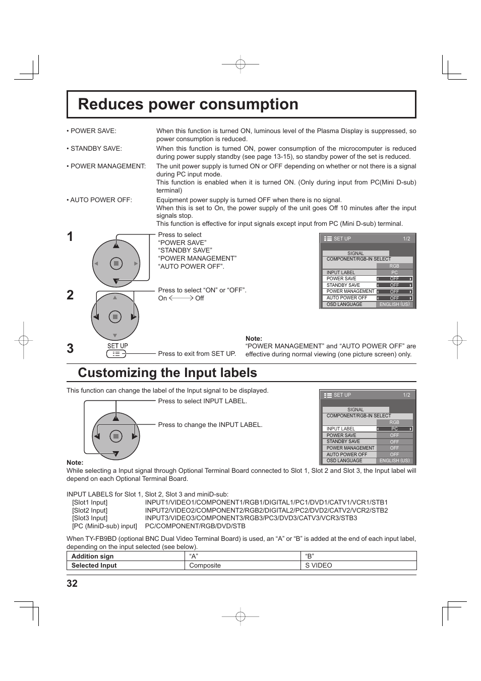 Reduces power consumption, Customizing the input labels | Panasonic TH-37PH9UK User Manual | Page 32 / 100