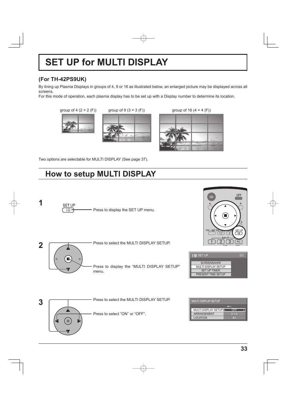 Setup for multi display, For th-42ps9uk) how to setup multi display, Set up for multi display | How to setup multi display, For th-42ps9uk) | Panasonic TH-37PH9UK User Manual | Page 33 / 100