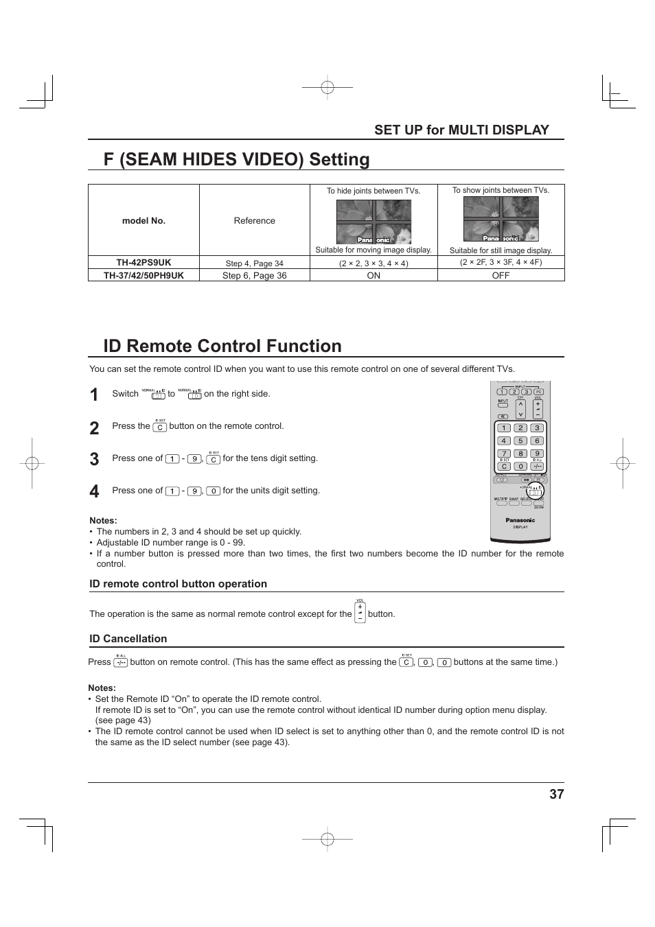 Id remote control function, F (seam hides video) setting, 37 set up for multi display | Panasonic TH-37PH9UK User Manual | Page 37 / 100
