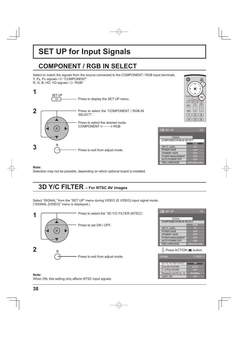 Set up for input signals, 3d y/c filter, Component / rgb in select | Panasonic TH-37PH9UK User Manual | Page 38 / 100