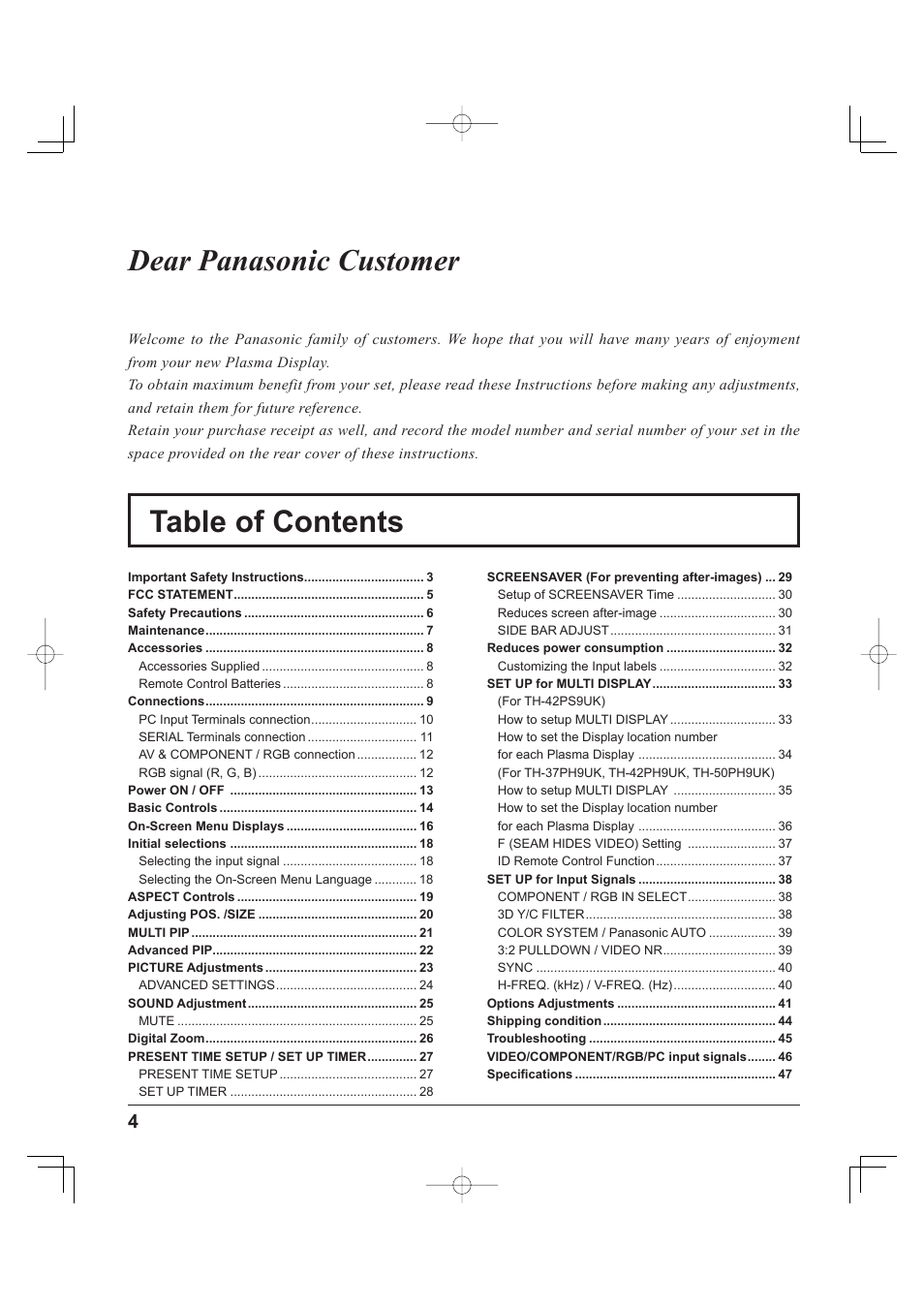 Panasonic TH-37PH9UK User Manual | Page 4 / 100