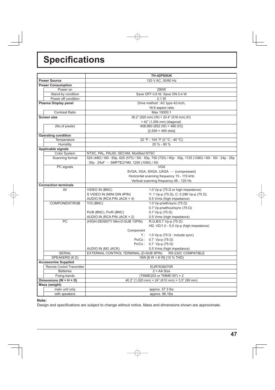 Specifi cations | Panasonic TH-37PH9UK User Manual | Page 47 / 100