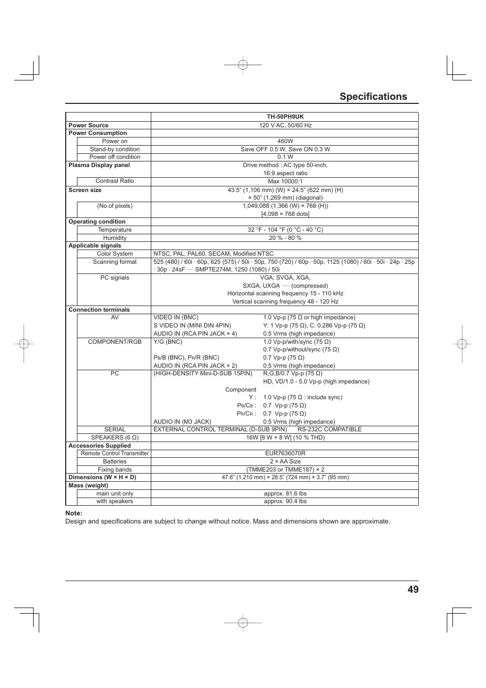 49 specifi cations | Panasonic TH-37PH9UK User Manual | Page 49 / 100