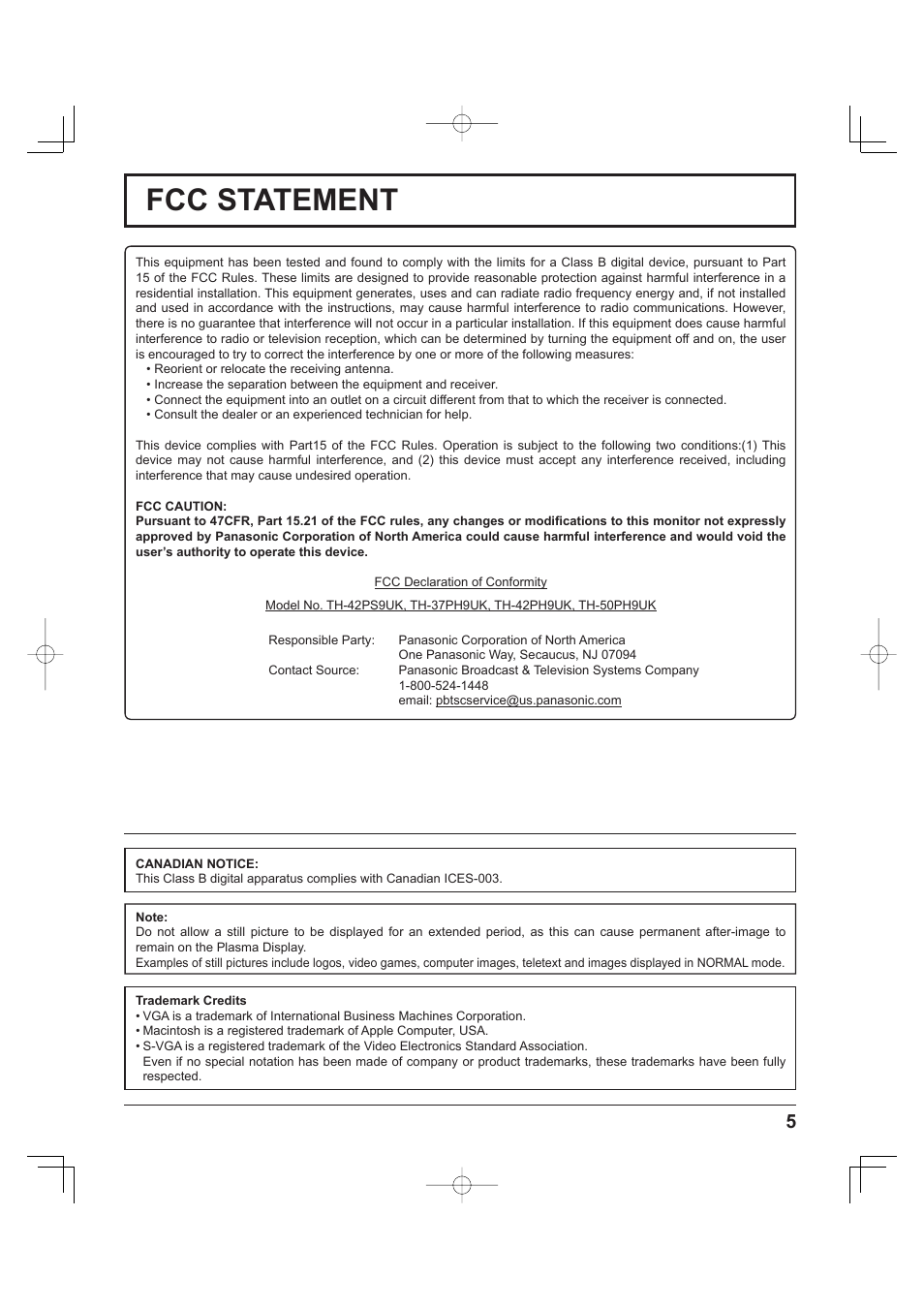 Fcc statement | Panasonic TH-37PH9UK User Manual | Page 5 / 100