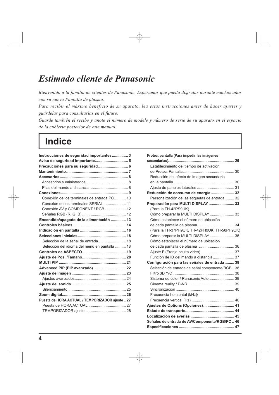 Indice estimado cliente de panasonic | Panasonic TH-37PH9UK User Manual | Page 54 / 100