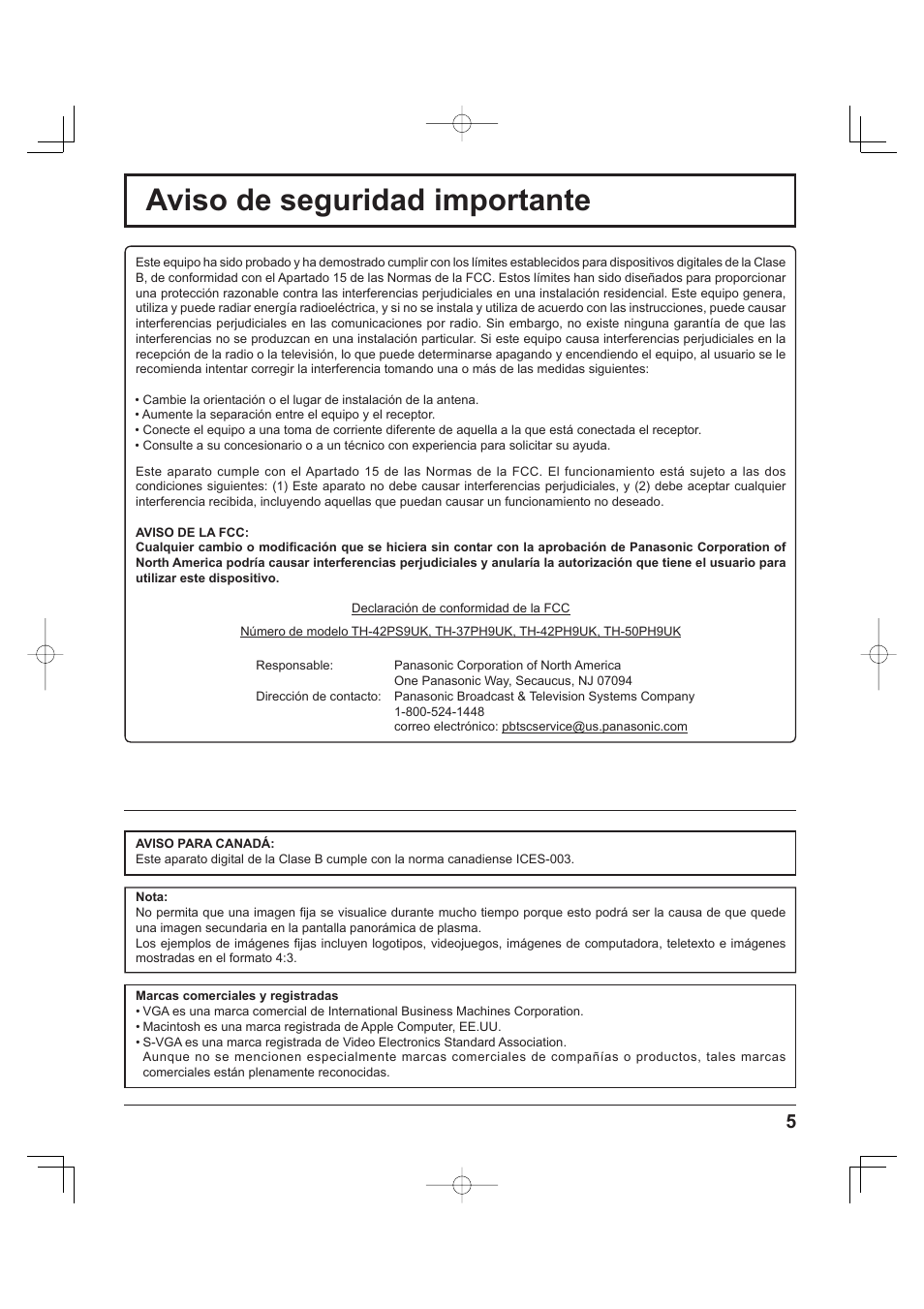 Aviso de seguridad importante | Panasonic TH-37PH9UK User Manual | Page 55 / 100
