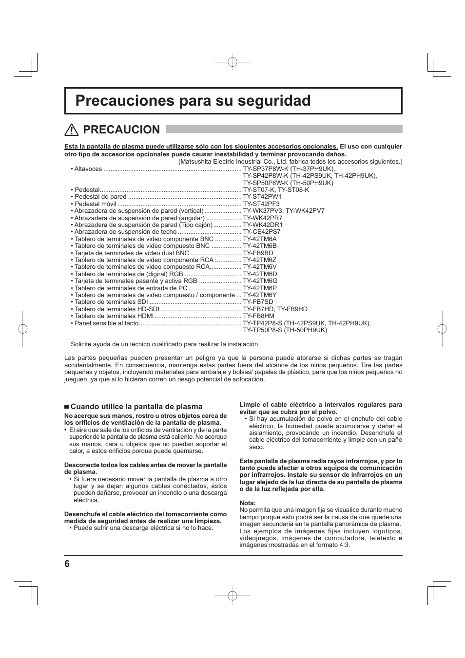 Precauciones para su seguridad, Precaucion | Panasonic TH-37PH9UK User Manual | Page 56 / 100