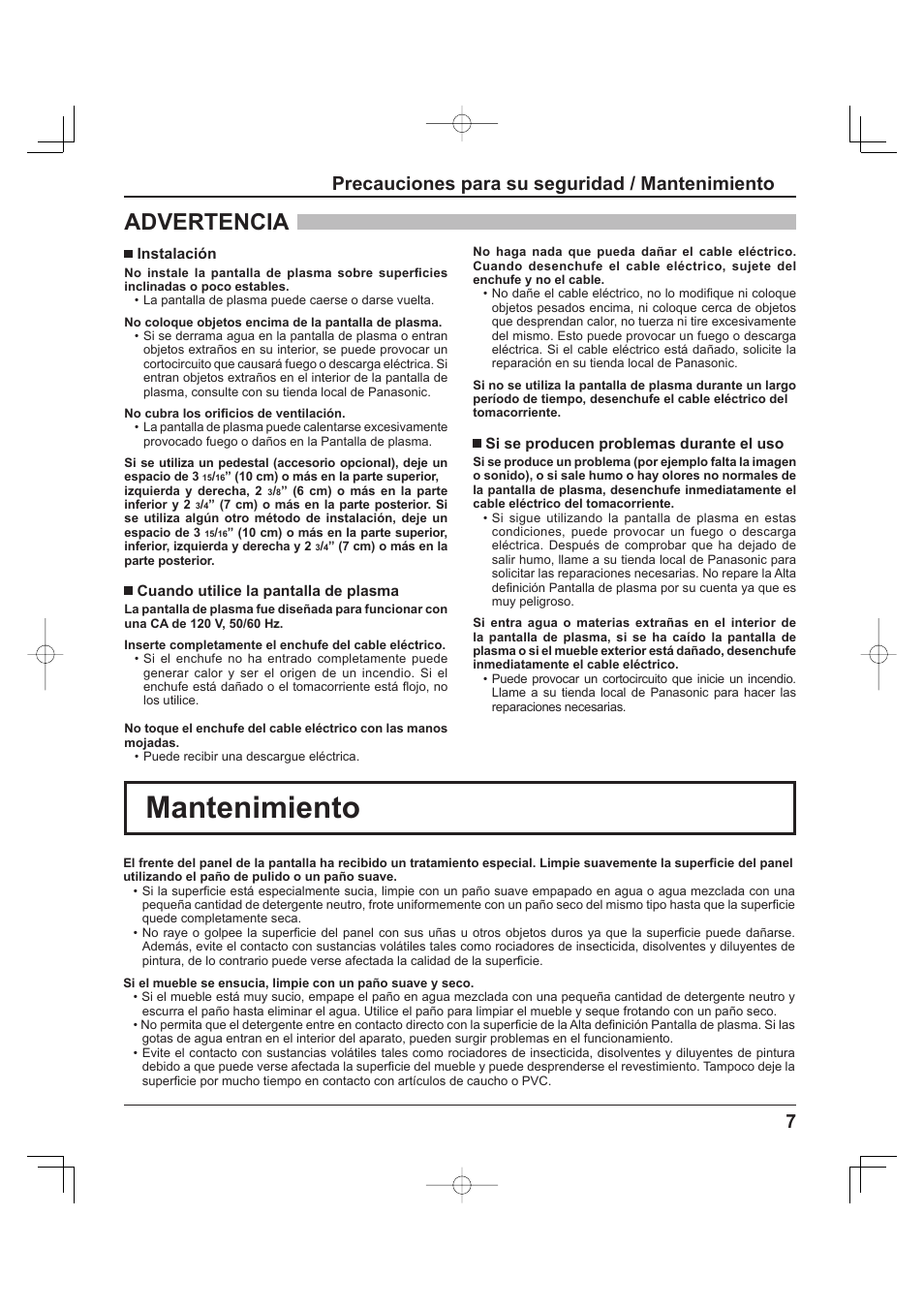 Mantenimiento, Advertencia, 7precauciones para su seguridad / mantenimiento | Panasonic TH-37PH9UK User Manual | Page 57 / 100