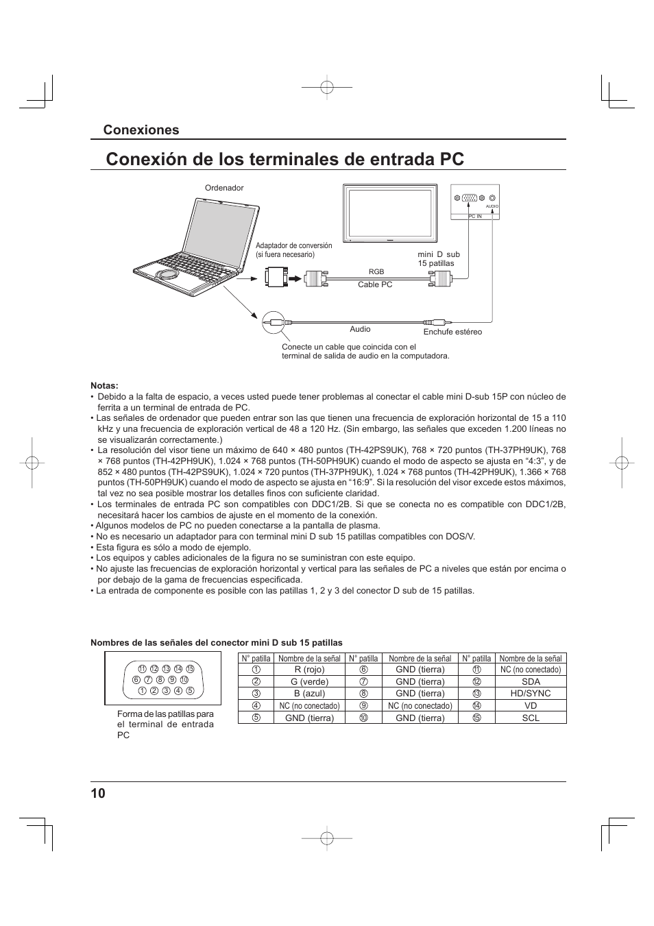 Conexión de los terminales de entrada pc, 10 conexiones | Panasonic TH-37PH9UK User Manual | Page 60 / 100