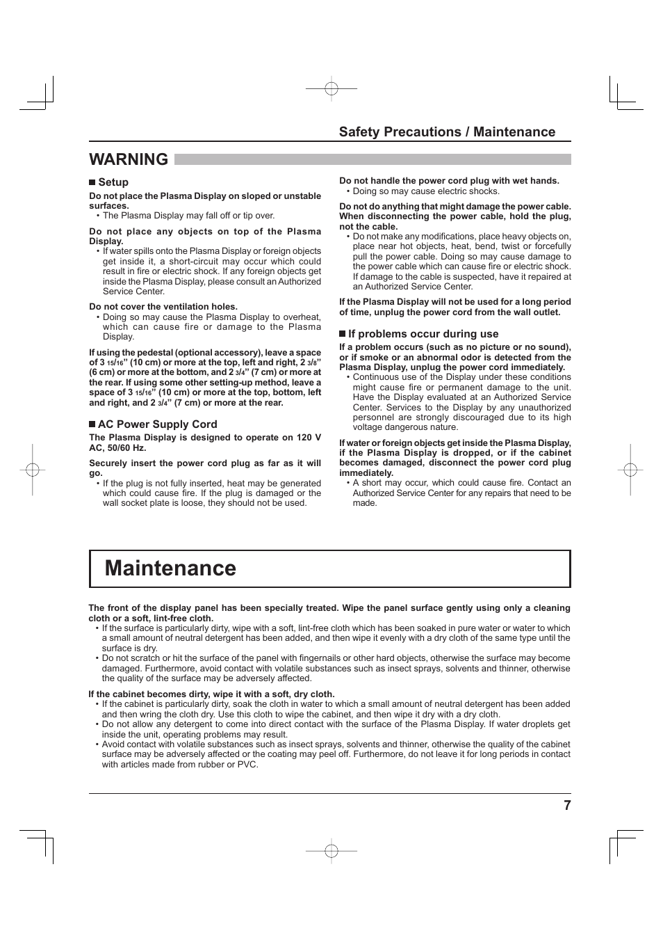 Maintenance, Accessories, Warning | 7safety precautions / maintenance | Panasonic TH-37PH9UK User Manual | Page 7 / 100