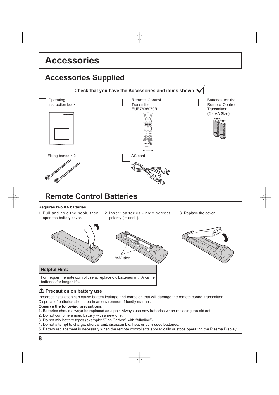 Accessories supplied, Remote control batteries, Accessories | Panasonic TH-37PH9UK User Manual | Page 8 / 100