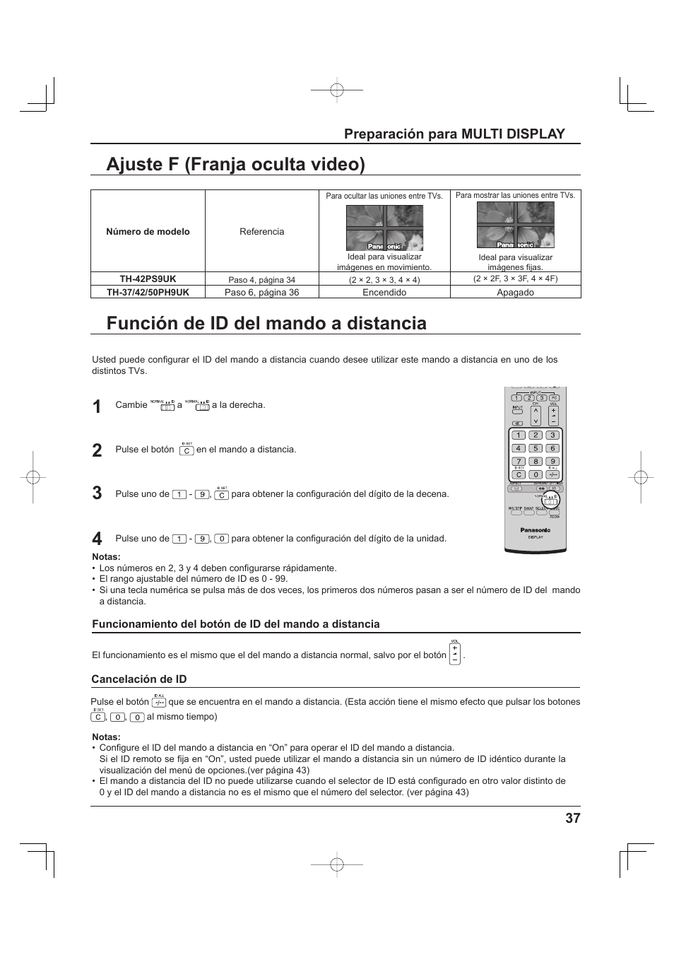F (seam hides video) setting, Id remote control function, Función de id del mando a distancia | Ajuste f (franja oculta video), 37 preparación para multi display | Panasonic TH-37PH9UK User Manual | Page 87 / 100