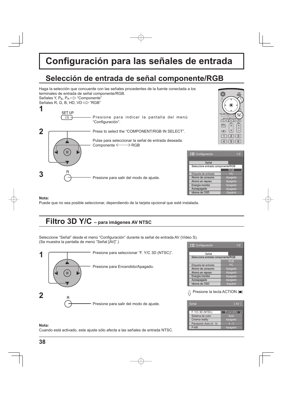 Set up for input signals, Component / rgb in select, 3d y/c filter | Confi guración para las señales de entrada, Filtro 3d y/c, Selección de entrada de señal componente/rgb | Panasonic TH-37PH9UK User Manual | Page 88 / 100