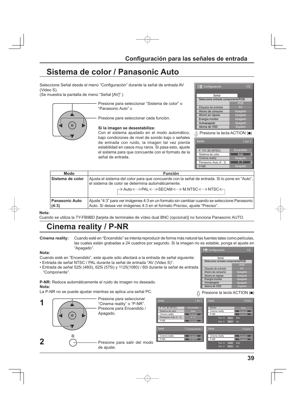 Color system / panasonic auto, 2 pulldown / video nr, Confi guración para las señales de entrada | Panasonic TH-37PH9UK User Manual | Page 89 / 100