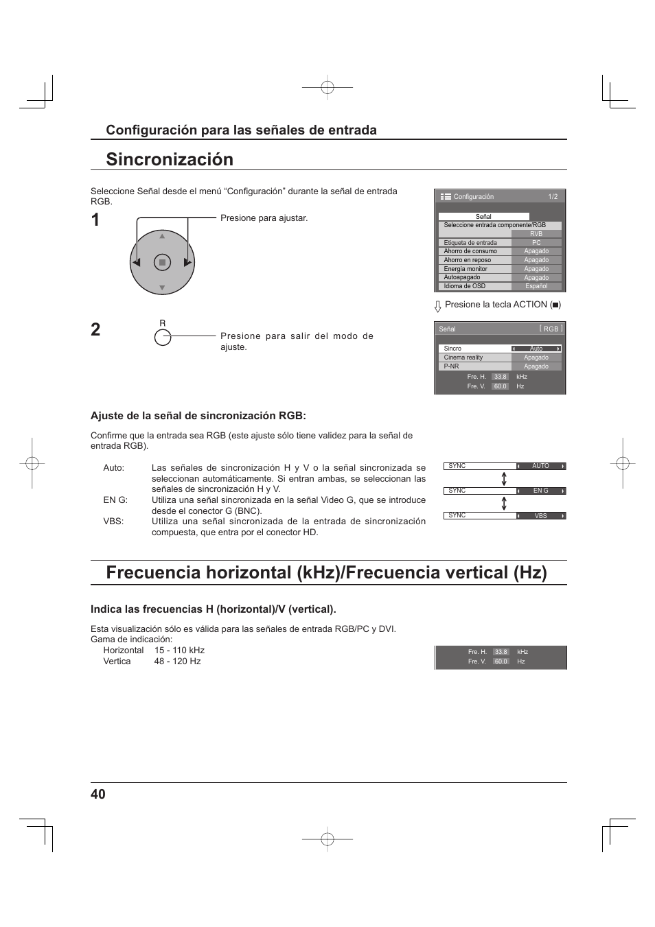 Sync, H-freq. (khz) / v-freq. (hz), Sincronización | 40 confi guración para las señales de entrada | Panasonic TH-37PH9UK User Manual | Page 90 / 100