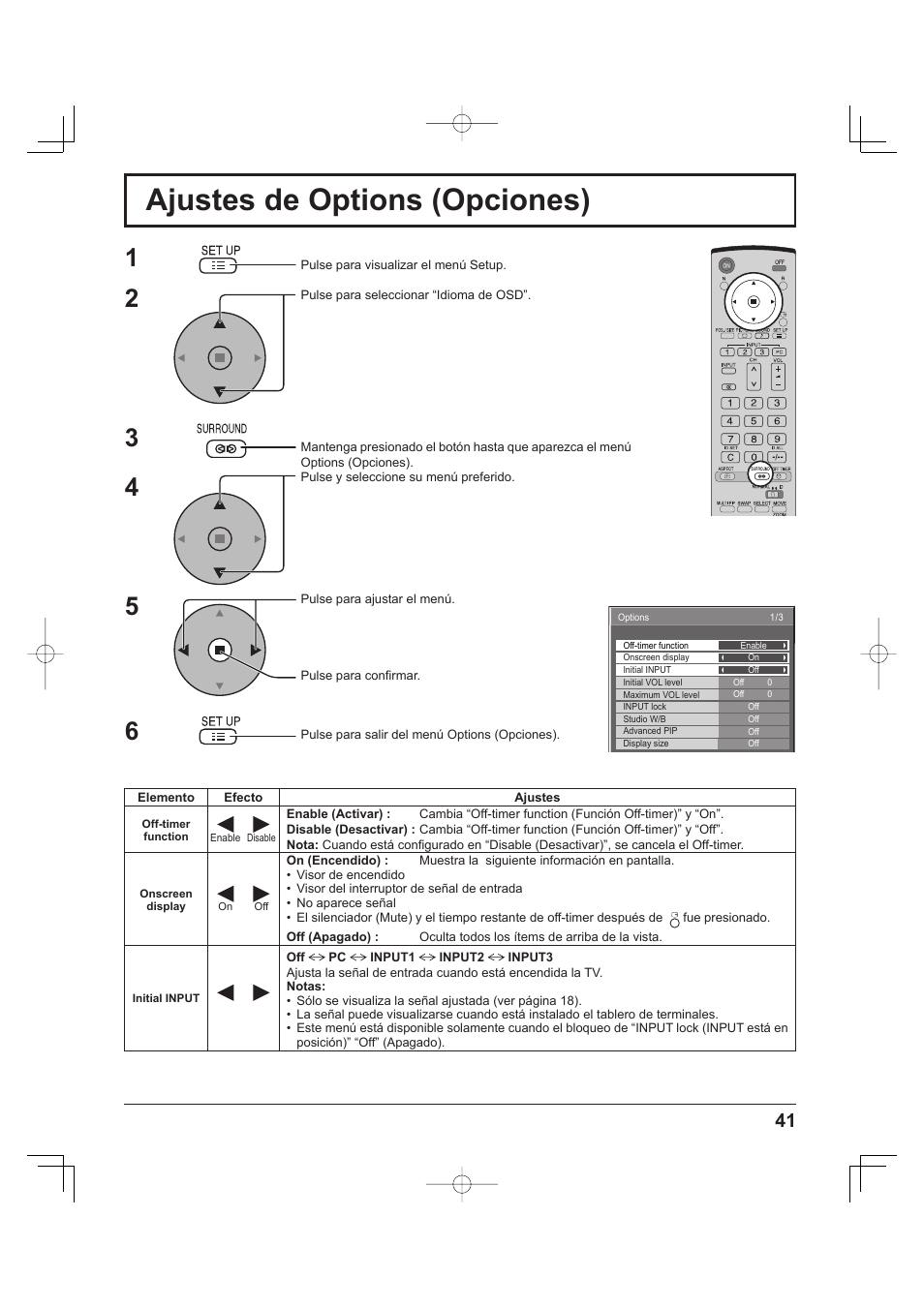 Options adjustments, Ajustes de options (opciones) | Panasonic TH-37PH9UK User Manual | Page 91 / 100