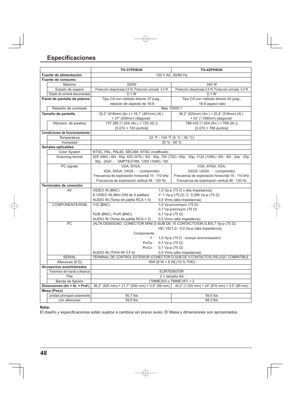 48 especifi caciones | Panasonic TH-37PH9UK User Manual | Page 98 / 100