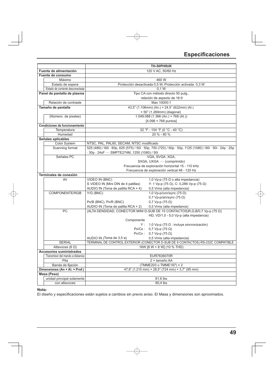 49 especifi caciones | Panasonic TH-37PH9UK User Manual | Page 99 / 100