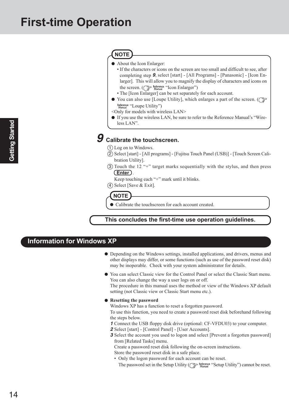 First-time operation, Information for windows xp | Panasonic CF-73 Series User Manual | Page 14 / 44