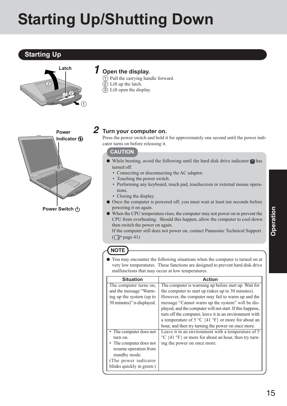 Operation, Starting up/shutting down, Starting up | Panasonic CF-73 Series User Manual | Page 15 / 44