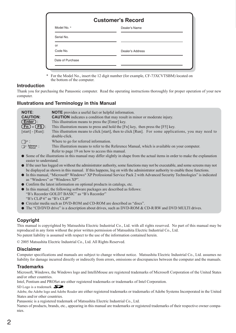 Customer’s record, Getting s tarted | Panasonic CF-73 Series User Manual | Page 2 / 44