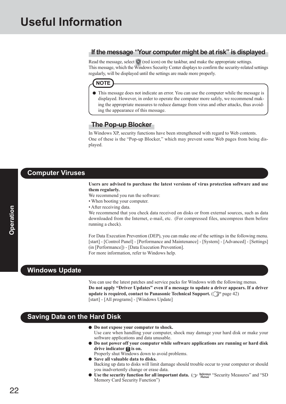 Useful information, Saving data on the hard disk, Computer viruses windows update | The pop-up blocker | Panasonic CF-73 Series User Manual | Page 22 / 44