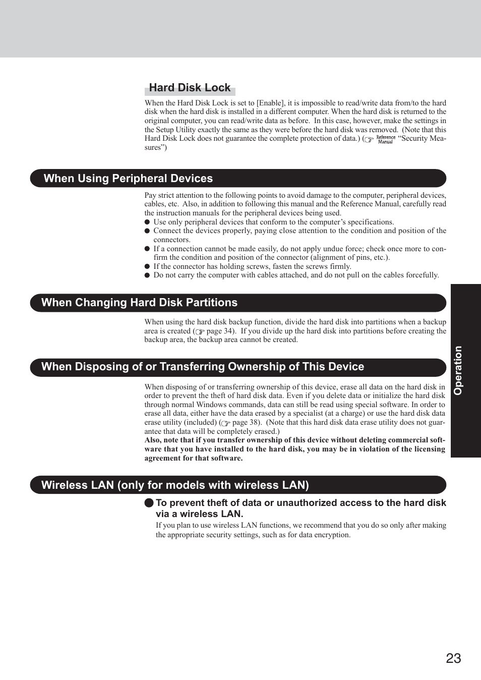 Wireless lan (only for models with wireless lan), Hard disk lock, When using peripheral devices | When changing hard disk partitions | Panasonic CF-73 Series User Manual | Page 23 / 44