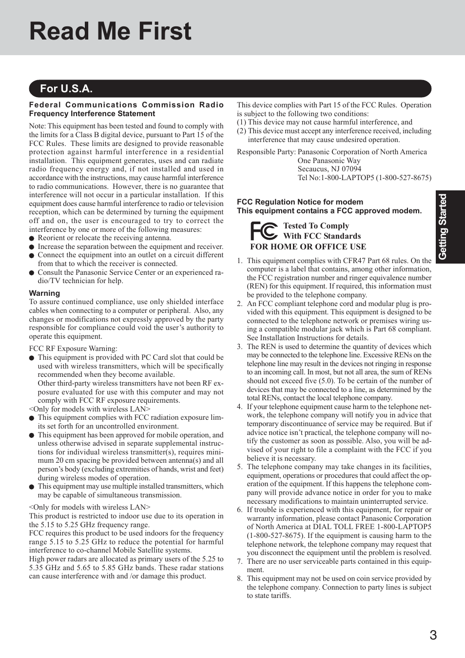 Getting started, Read me first, For u.s.a | Panasonic CF-73 Series User Manual | Page 3 / 44