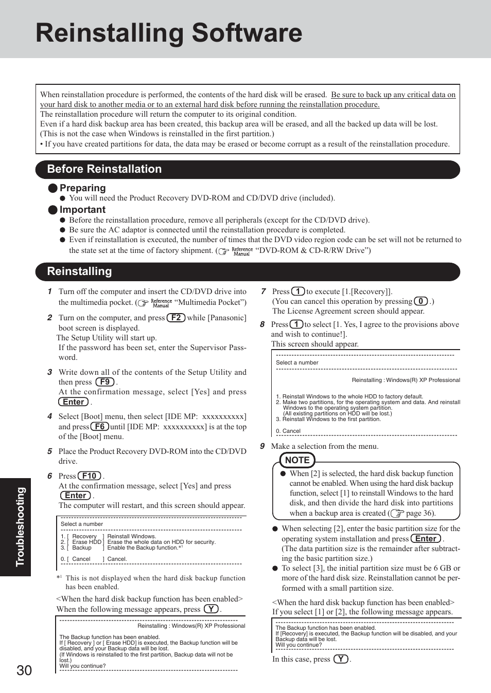 Reinstalling software, Before reinstallation, Reinstalling | Troubleshooting, Preparing, Important | Panasonic CF-73 Series User Manual | Page 30 / 44