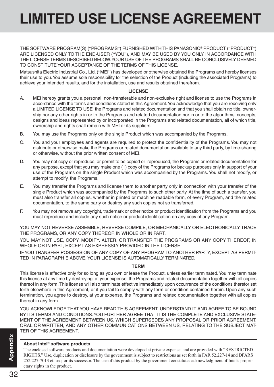 Appendix, Limited use license agreement | Panasonic CF-73 Series User Manual | Page 32 / 44