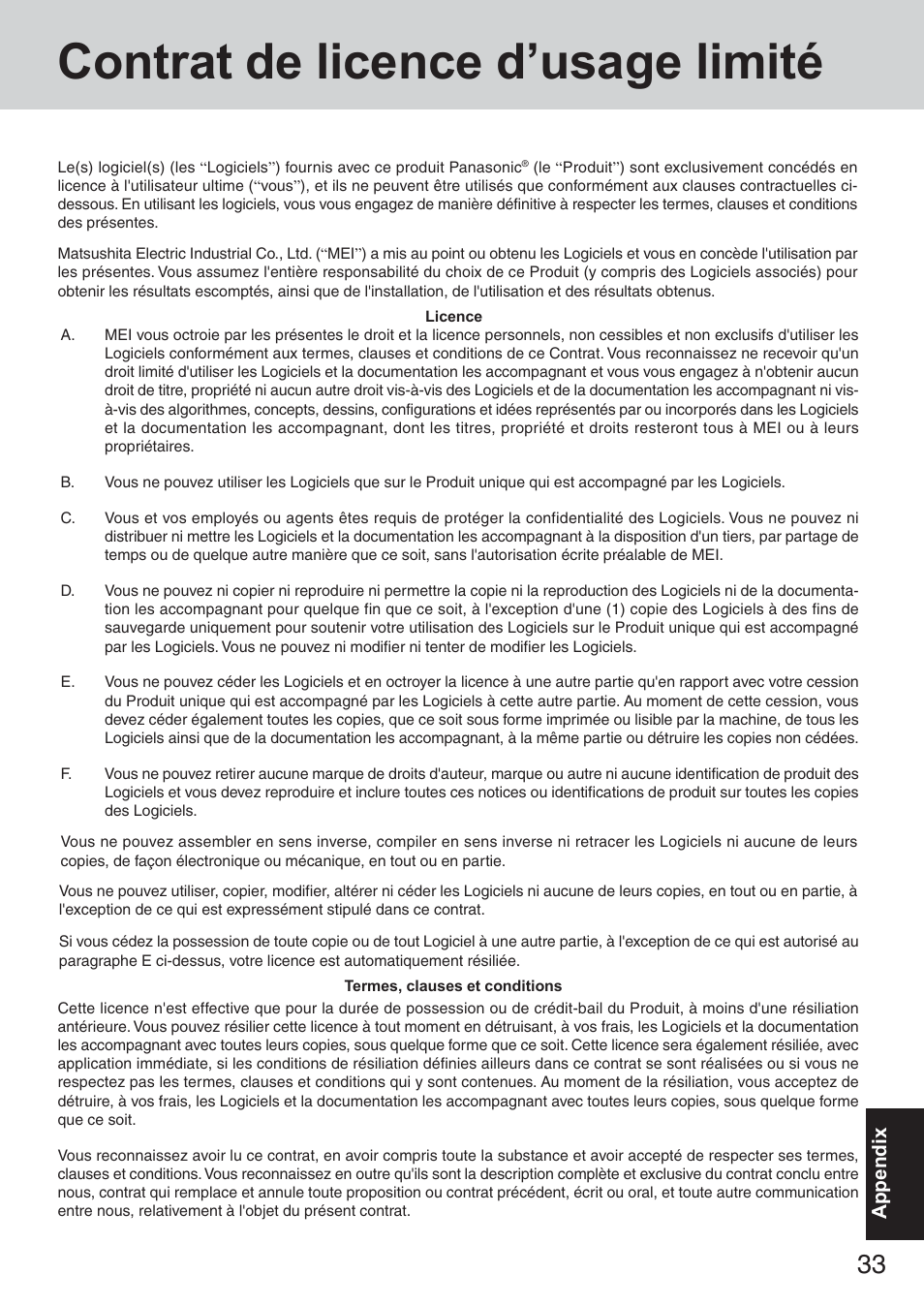 Contrat de licence d’usage limité | Panasonic CF-73 Series User Manual | Page 33 / 44