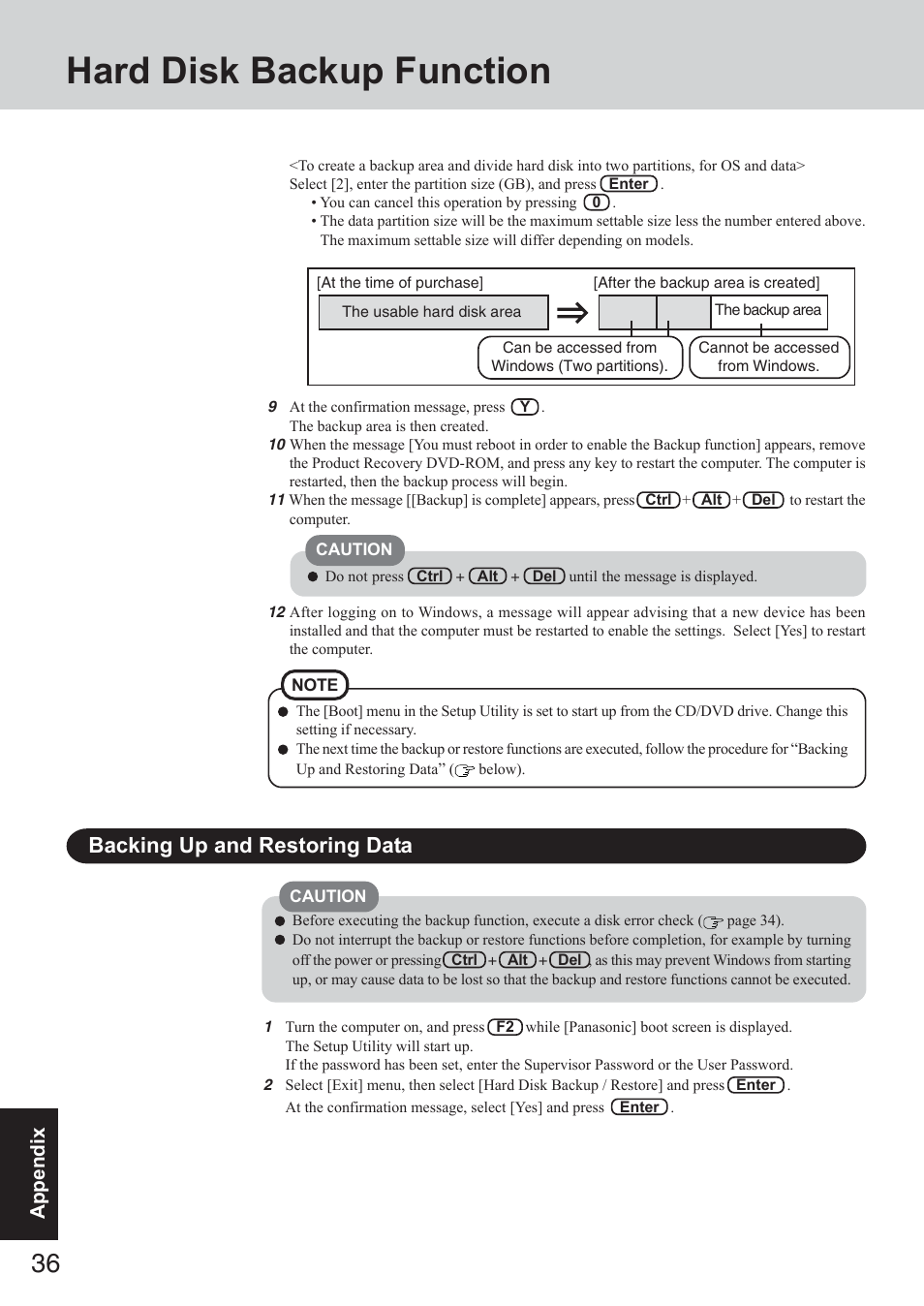 Hard disk backup function, Backing up and restoring data | Panasonic CF-73 Series User Manual | Page 36 / 44