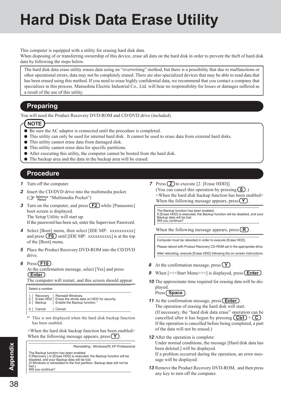 Hard disk data erase utility, Preparing procedure, Appendix | Panasonic CF-73 Series User Manual | Page 38 / 44