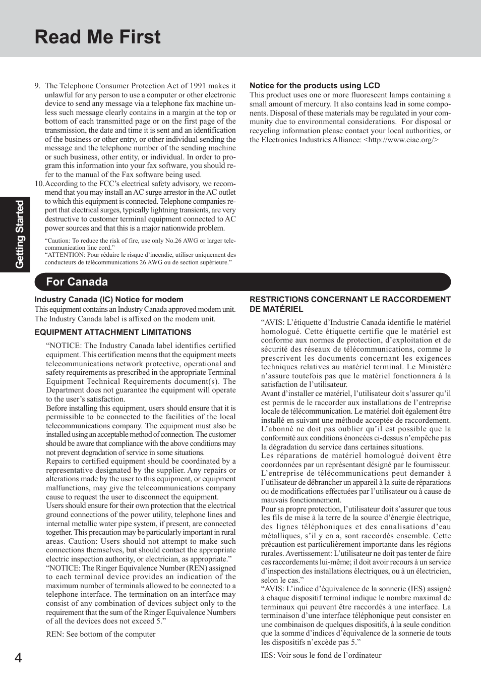 Read me first, For canada, Getting s tarted | Panasonic CF-73 Series User Manual | Page 4 / 44