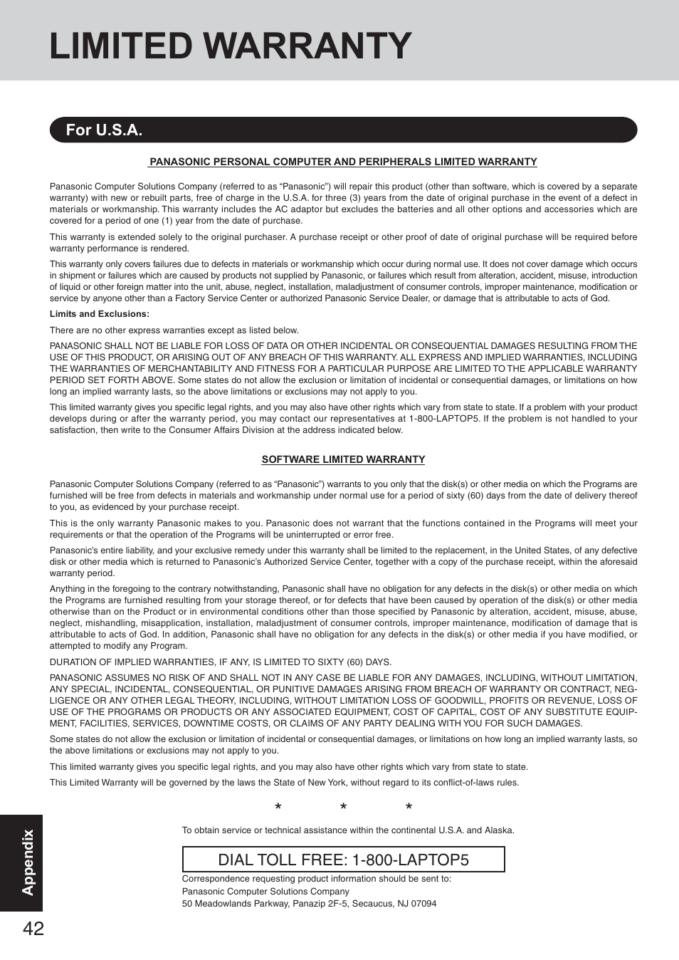 Limited warranty, For u.s.a, Appendix | Panasonic CF-73 Series User Manual | Page 42 / 44