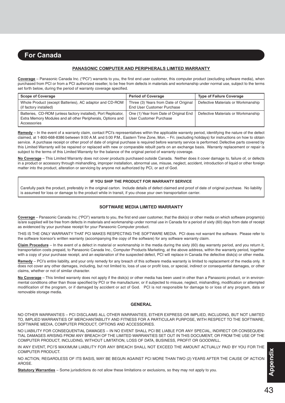 For canada, Appendix | Panasonic CF-73 Series User Manual | Page 43 / 44