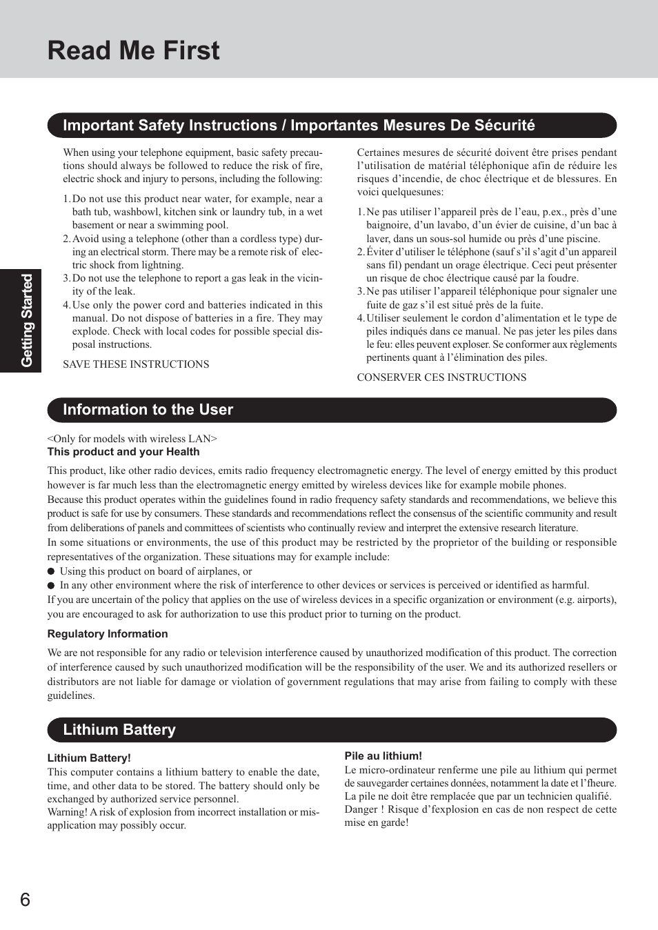 Read me first, Lithium battery, Information to the user | Panasonic CF-73 Series User Manual | Page 6 / 44