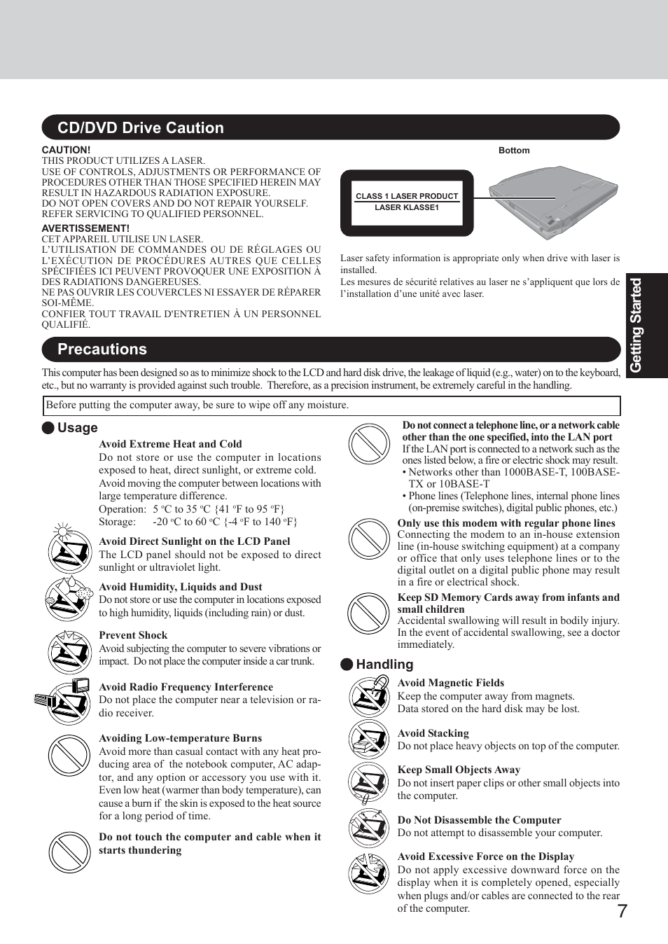 Cd/dvd drive caution, Precautions, Getting s tarted | Usage, Handling | Panasonic CF-73 Series User Manual | Page 7 / 44