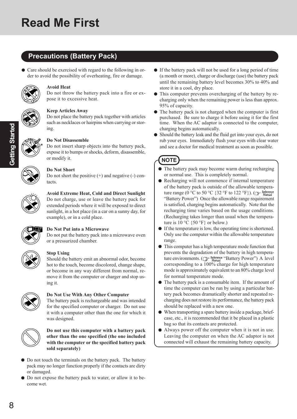 Read me first, Precautions (battery pack) | Panasonic CF-73 Series User Manual | Page 8 / 44