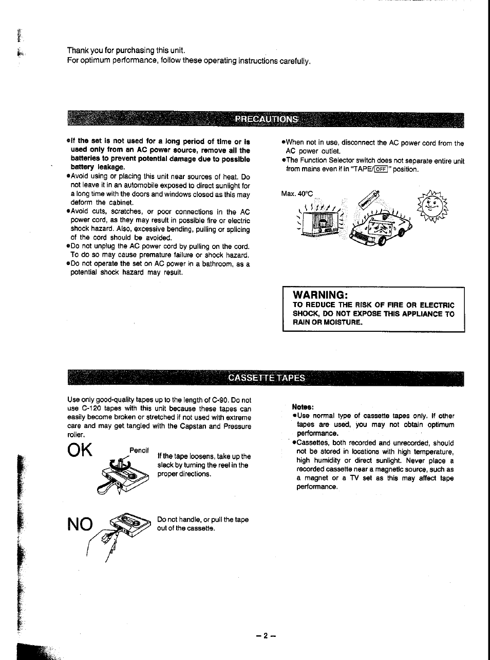 Precautigns, Cassette tapes, Warning | Panasonic RX-FT510 User Manual | Page 2 / 11