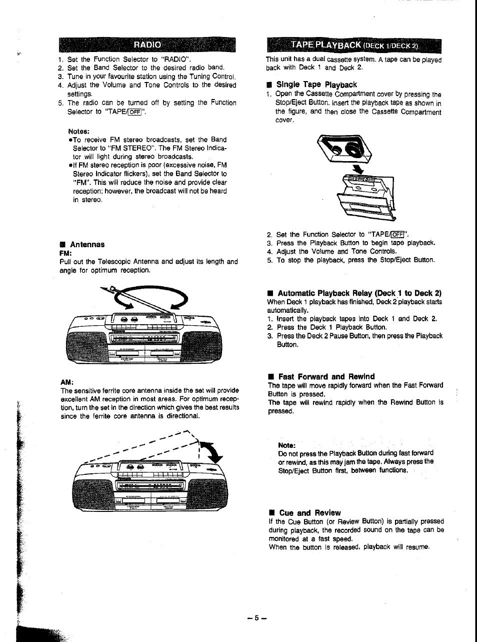 Radio, N antennas, B automatic playback relay (deck 1 to deck 2) | B fast forward and rewind, B cue and review | Panasonic RX-FT510 User Manual | Page 5 / 11