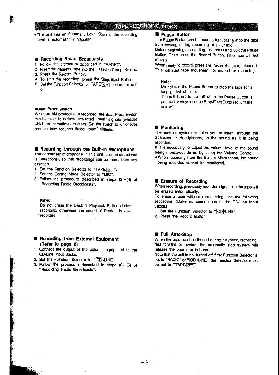 Fprîrê^|ïiig:(depk'ÿ, B recording radio broadcasts, В recording through the built-in microphone | B monitoring, Fl erasure of recording, B full auto-stop | Panasonic RX-FT510 User Manual | Page 6 / 11