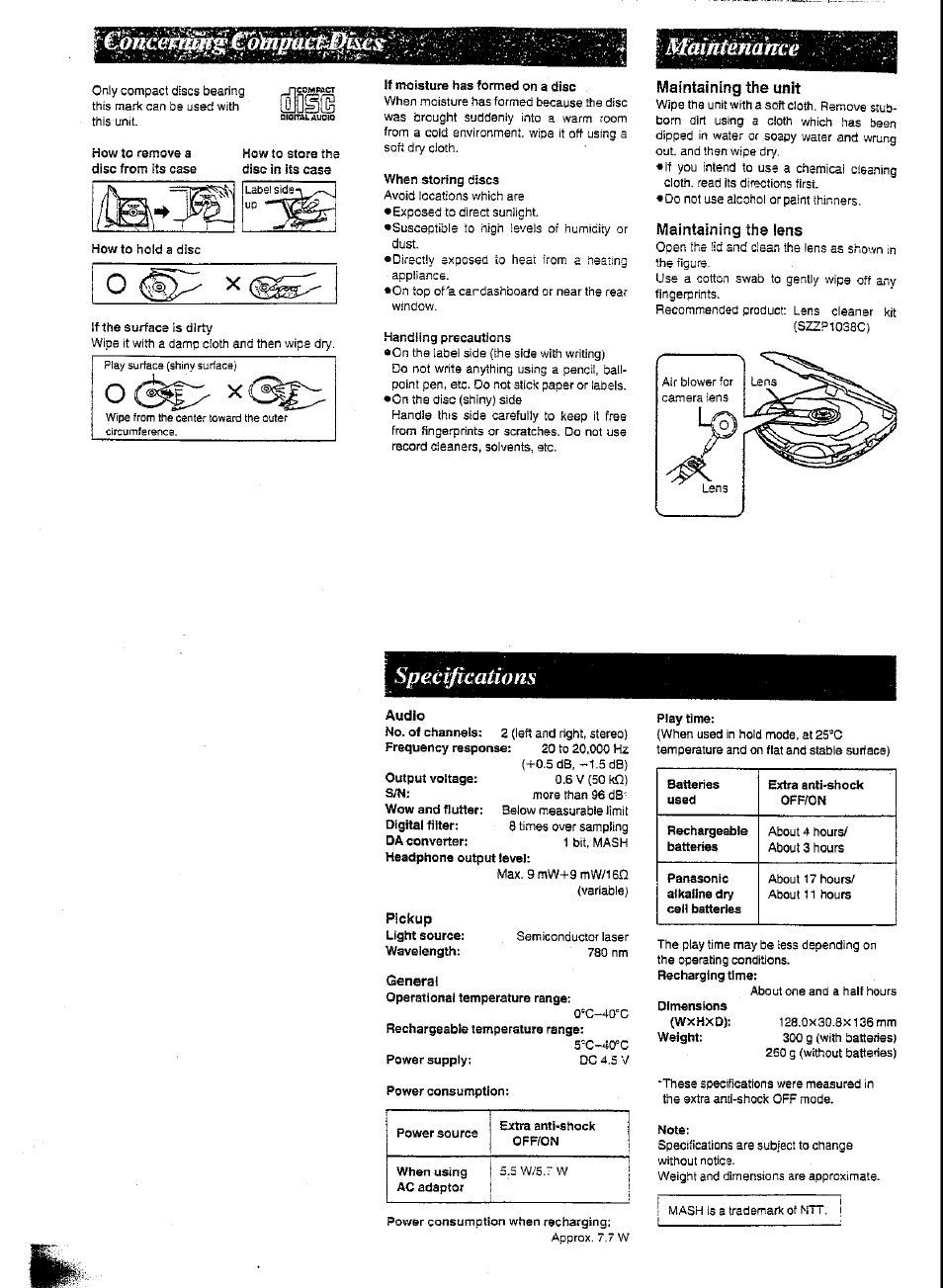 If the surface is dirty, If moisture has formed on a disc, When storing discs | Handling precautions, Audio, General, Power consumption, Play time, Note, Spécifications | Panasonic SL-XP600 User Manual | Page 10 / 11