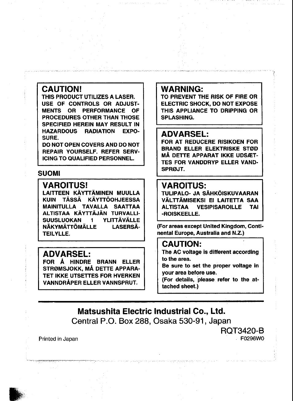 Caution, Varoitus, Advarsel | Warning, Suomi | Panasonic SL-XP600 User Manual | Page 2 / 11