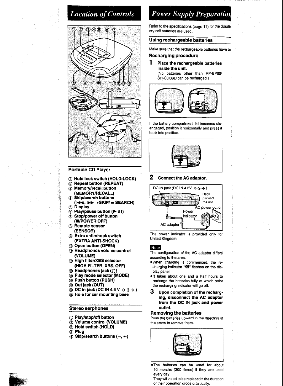 Portable cd player, Stereo earphones, Using rechargeable batteries | Recharging procedure, Removing the batteries, Location of controls, Power supply preparatior | Panasonic SL-XP600 User Manual | Page 3 / 11