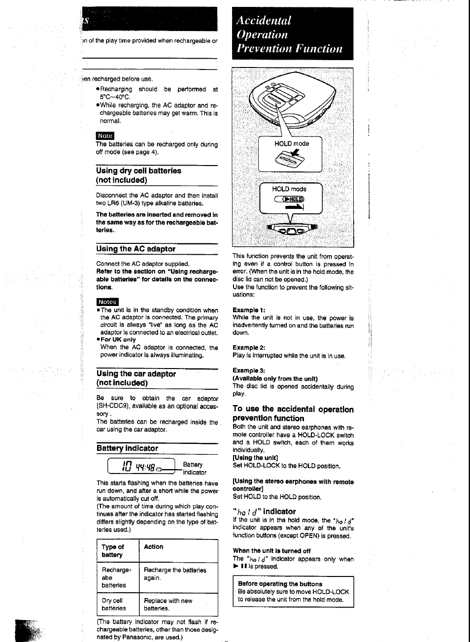Using dry cell batteries, Not included), Using the ac adaptor | Using the car adaptor, Battery indicator, Example 1, Example 2, Using the stereo earphones with remote controller, Ho / ¿y” indicator, When the unit is turned off | Panasonic SL-XP600 User Manual | Page 4 / 11