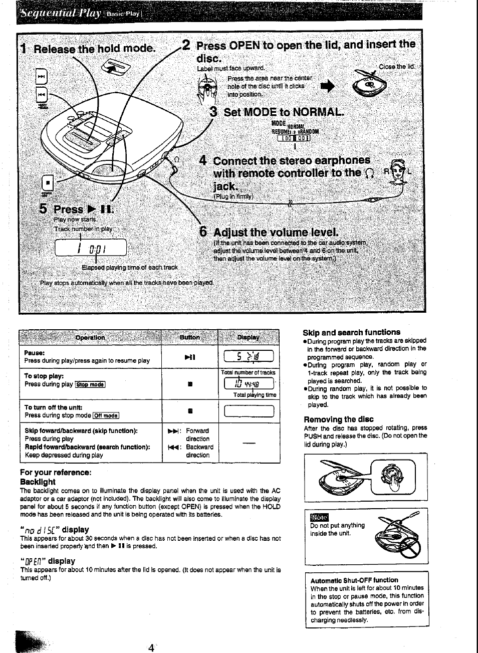 Pause, To stop play, To turn off the unit | Skip foward/backward (skip function), For your reference, Backlight, Flpfi'?” display, Skip and search functions, Removing the disc, Automatic shut-off function | Panasonic SL-XP600 User Manual | Page 5 / 11