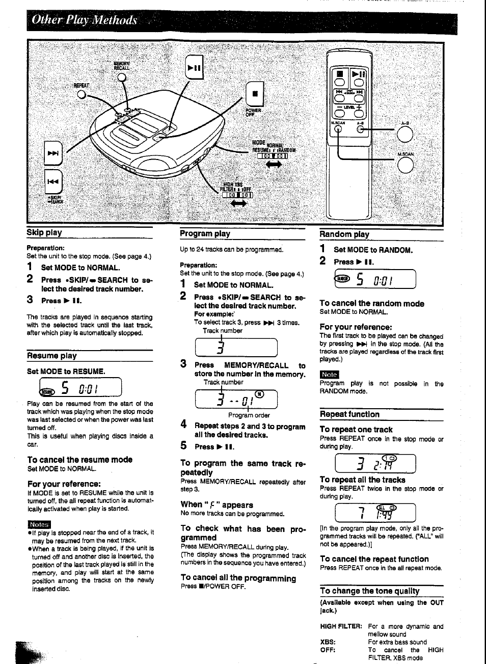 Preparation, Resume play, To cancel the resume mode | For your reference, To program the same track repeatedly, When “ f " appears, To check what has been programmed, To cancel all the programming, To cancel the random mode, Repeat function | Panasonic SL-XP600 User Manual | Page 6 / 11